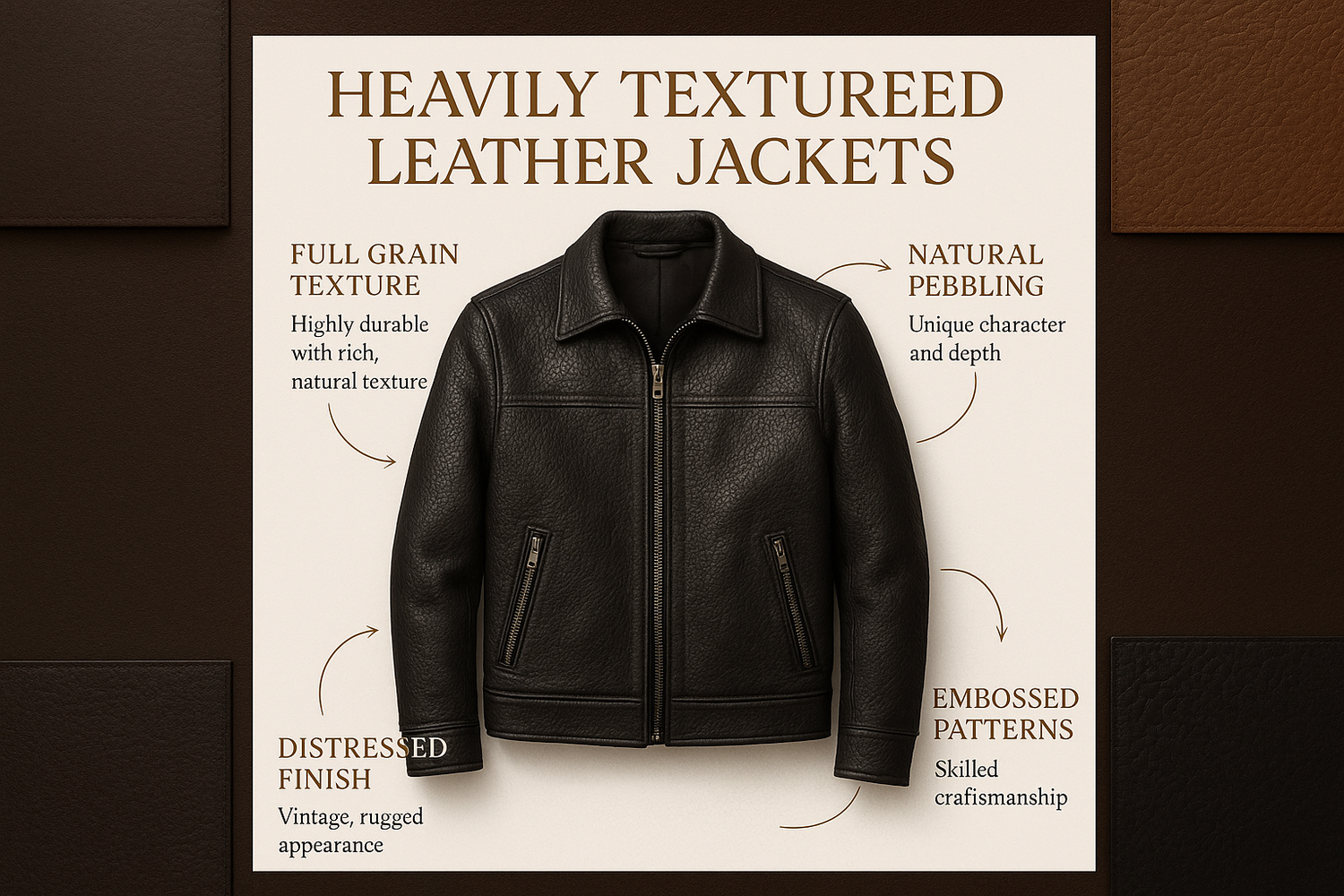 Close-up of heavily textured leather jacket with rugged finish.