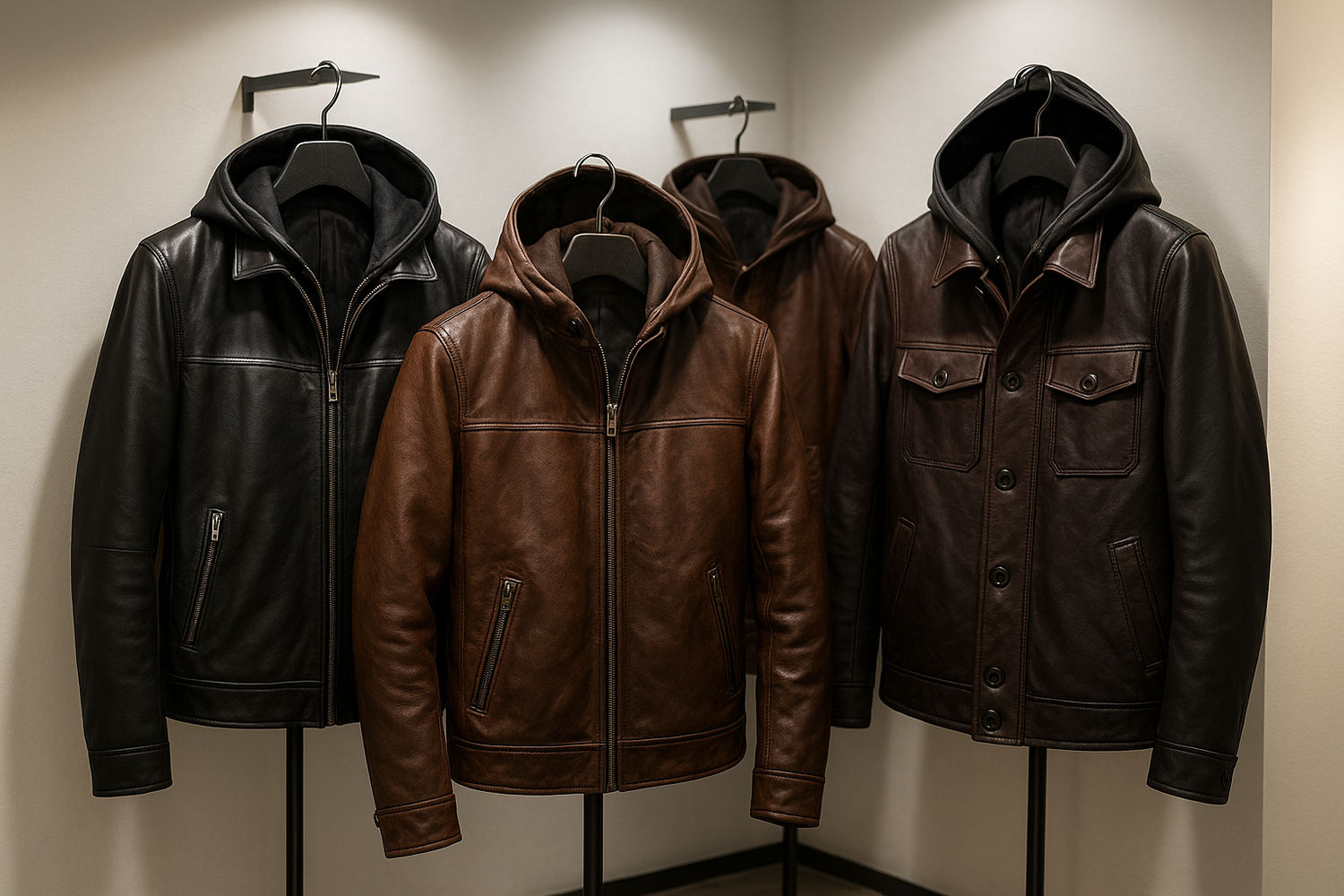 Stylish man wearing a black hooded leather jacket paired with jeans for a modern streetwear look