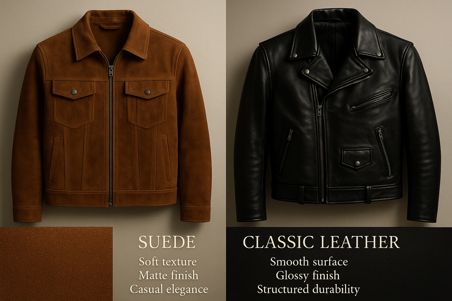 Side-by-side comparison of a suede jacket and a classic leather jacket showcasing their textures and styles