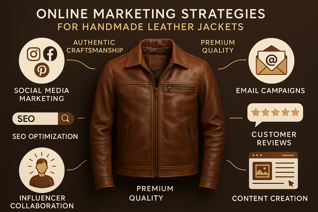 Handmade leather jackets displayed on a clothing rack with a laptop showing an online store in the background.  