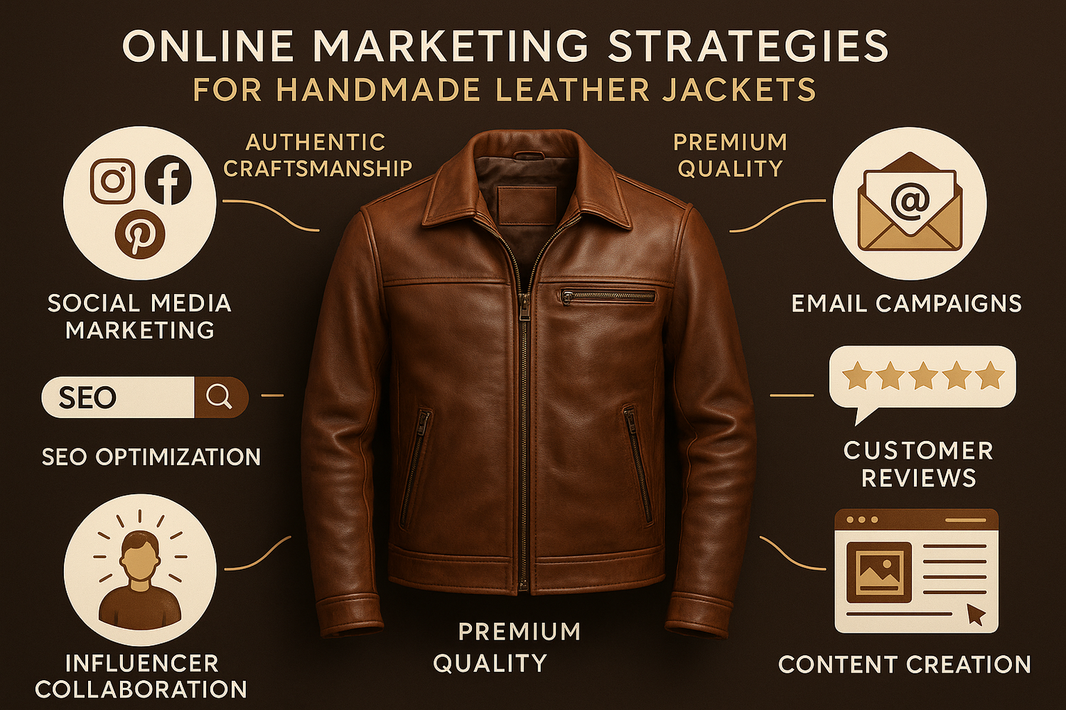 Handmade leather jackets displayed on a clothing rack with a laptop showing an online store in the background.  