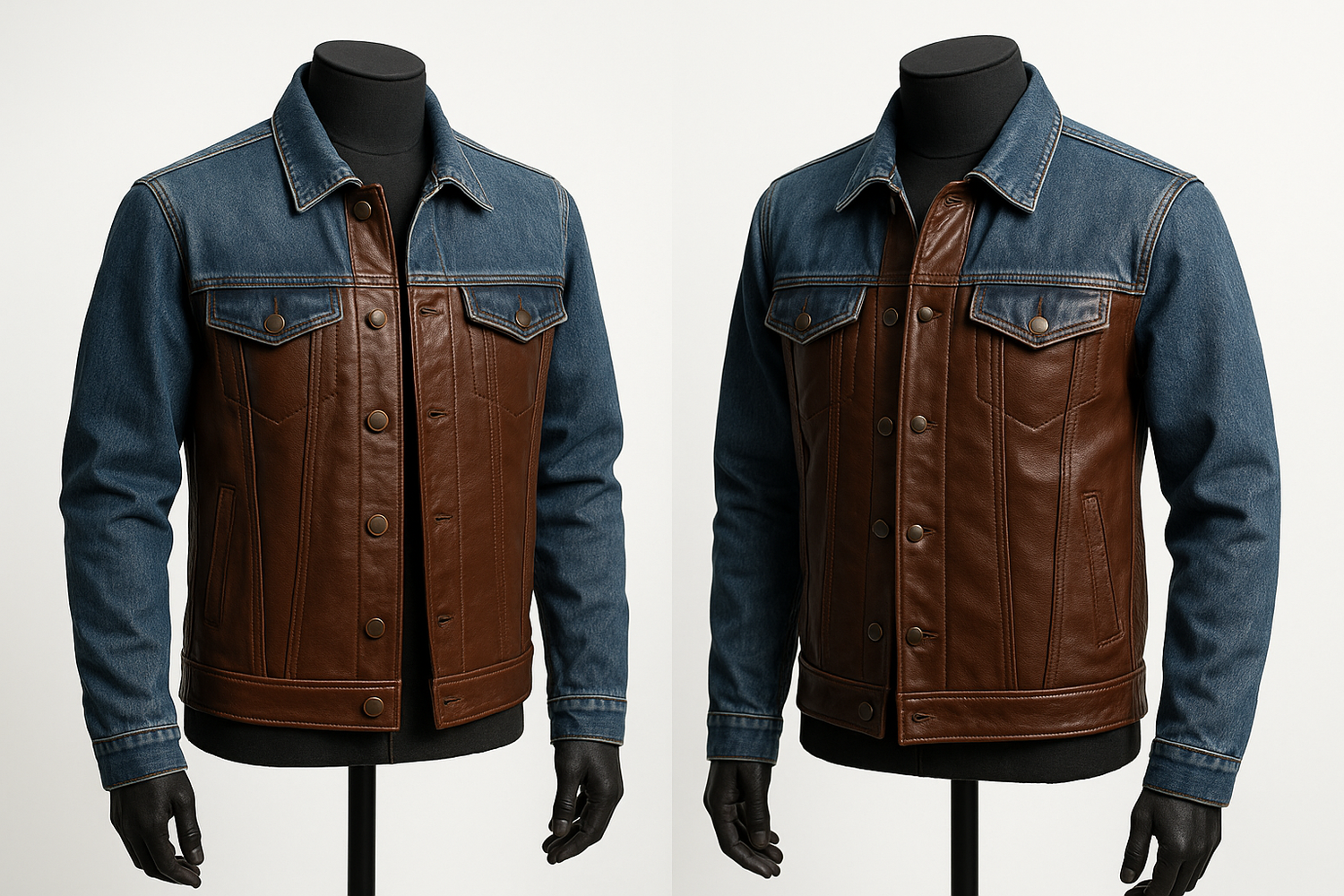 A hybrid jacket combining denim panels with leather sleeves, showcasing a stylish blend of rugged and edgy design.