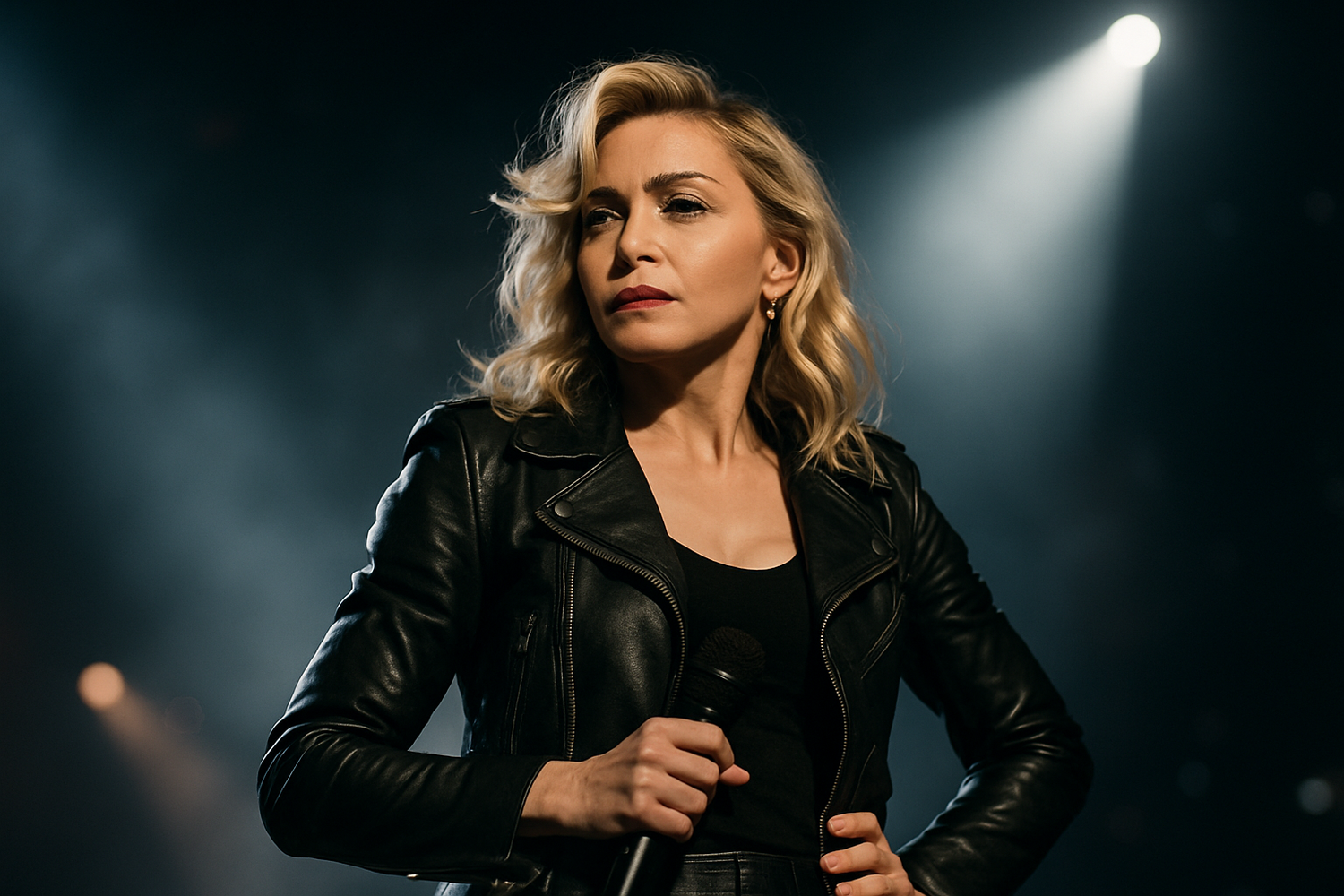 Iconic female celebrity wearing a black leather jacket on stage