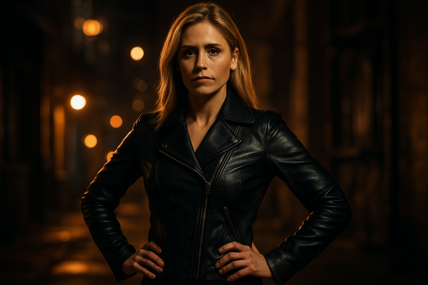 Iconic TV heroine wearing a leather jacket, symbolizing strength and style