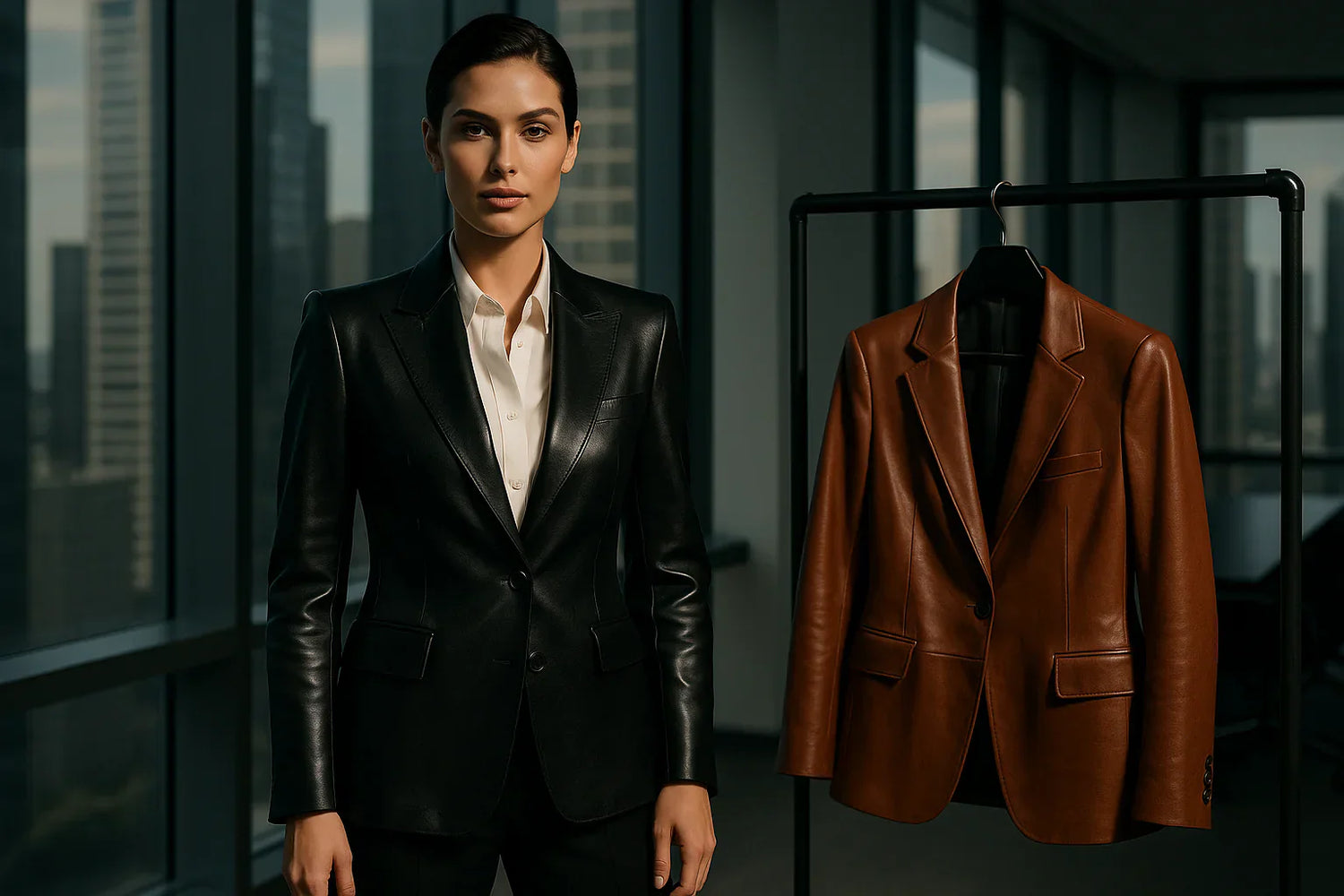 Stylish woman wearing a black leather blazer paired with tailored trousers for a modern power-dressing look.
