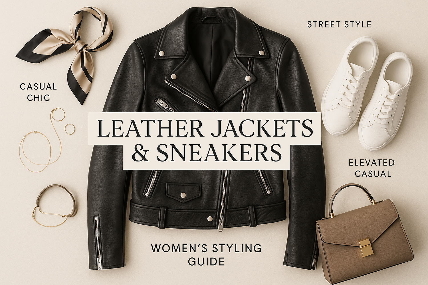 A stylish woman pairing a leather jacket with sneakers, showcasing a casual chic streetwear look.
