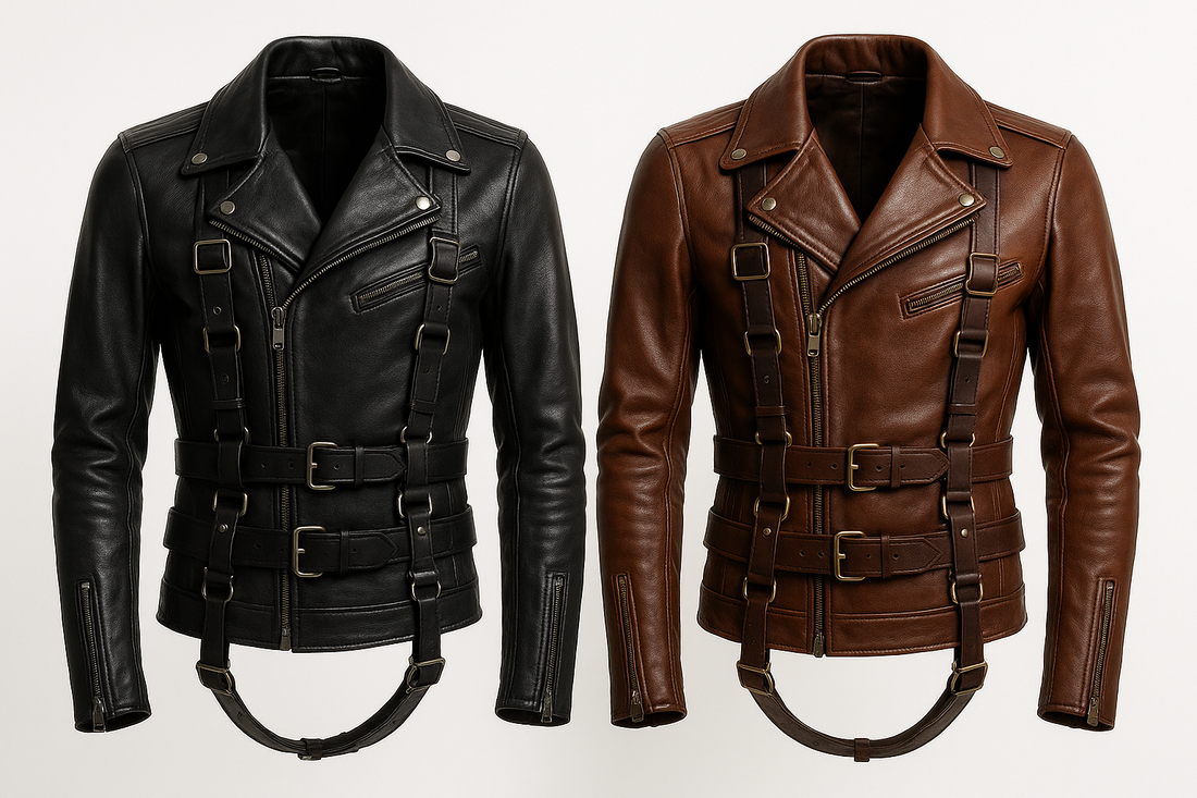A black leather jacket with built-in harness straps and buckles, styled in an edgy streetwear look.