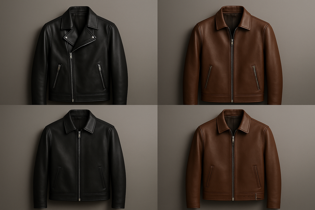 A sleek black leather jacket with minimal hardware, showcasing clean lines and a refined, modern design.