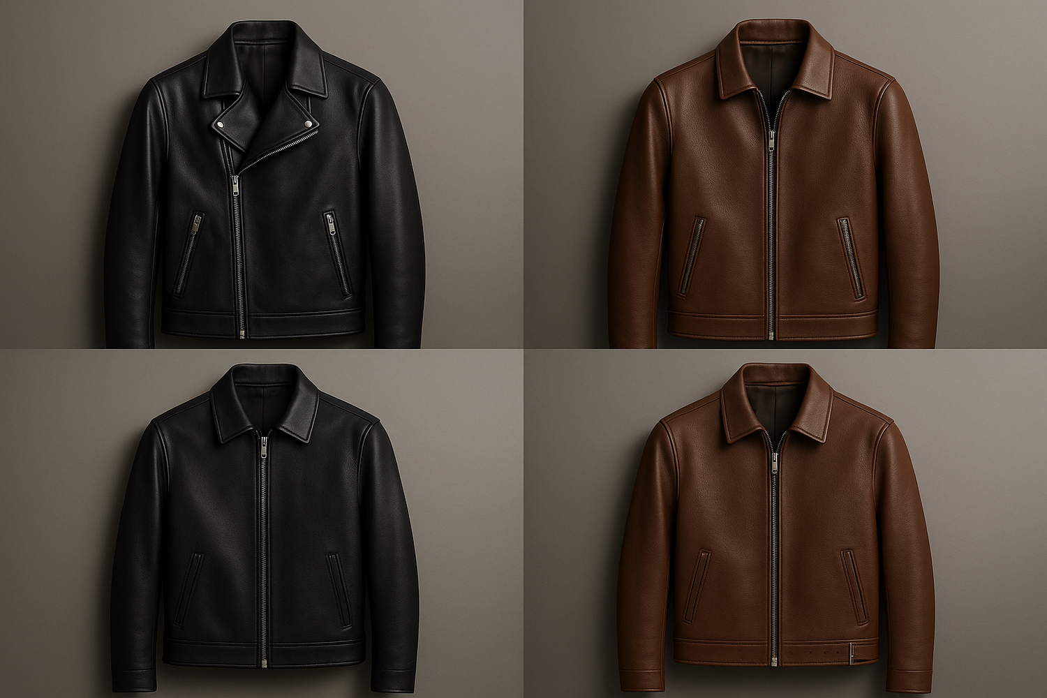 A sleek black leather jacket with minimal hardware, showcasing clean lines and a refined, modern design.