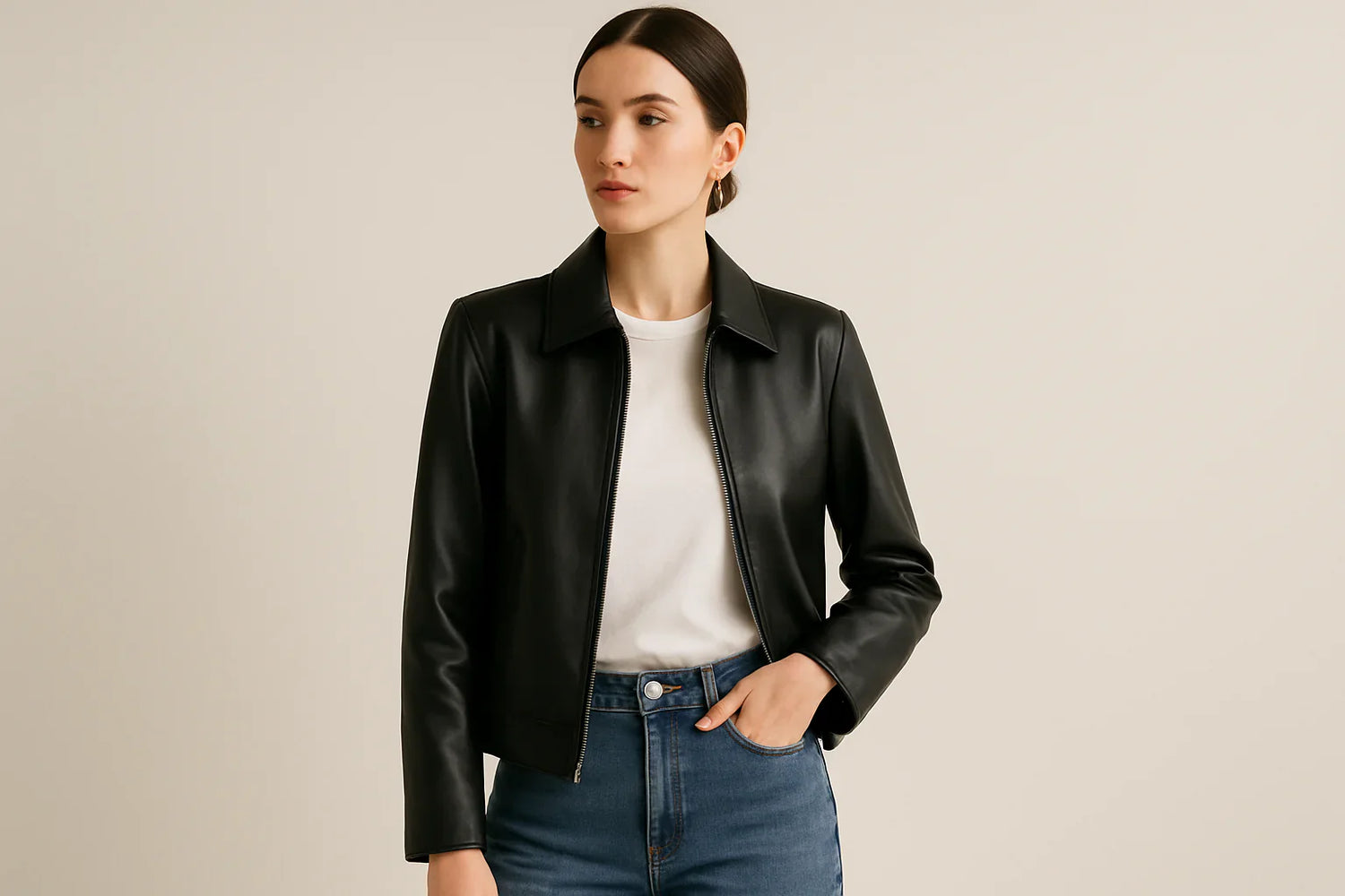 Minimalist woman in a black leather jacket paired with a white tee and straight-leg jeans, styled with clean accessories