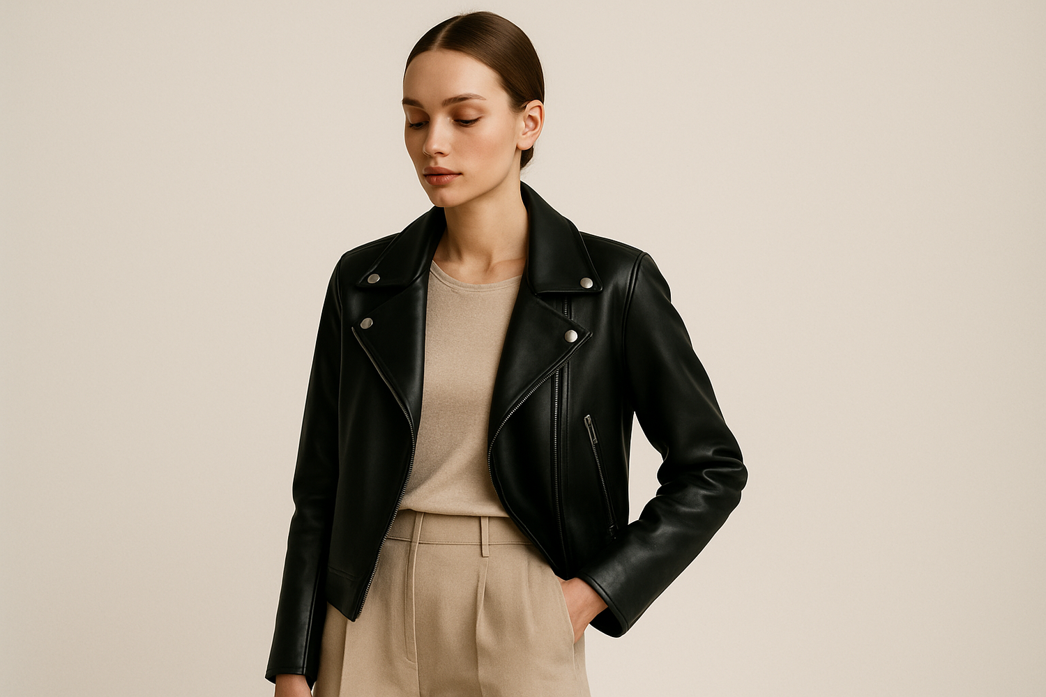 Minimalist woman wearing a black leather jacket with neutral outfit