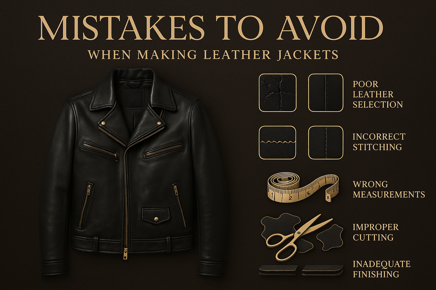 Craftsman stitching a leather jacket by hand, focusing on avoiding common mistakes in the making proces.
