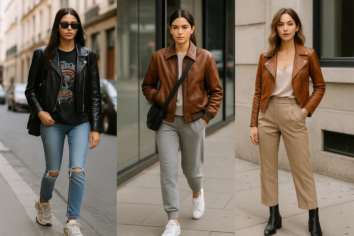 Model-inspired off-duty leather jacket looks featuring streetwear, airport style, and casual chic outfits