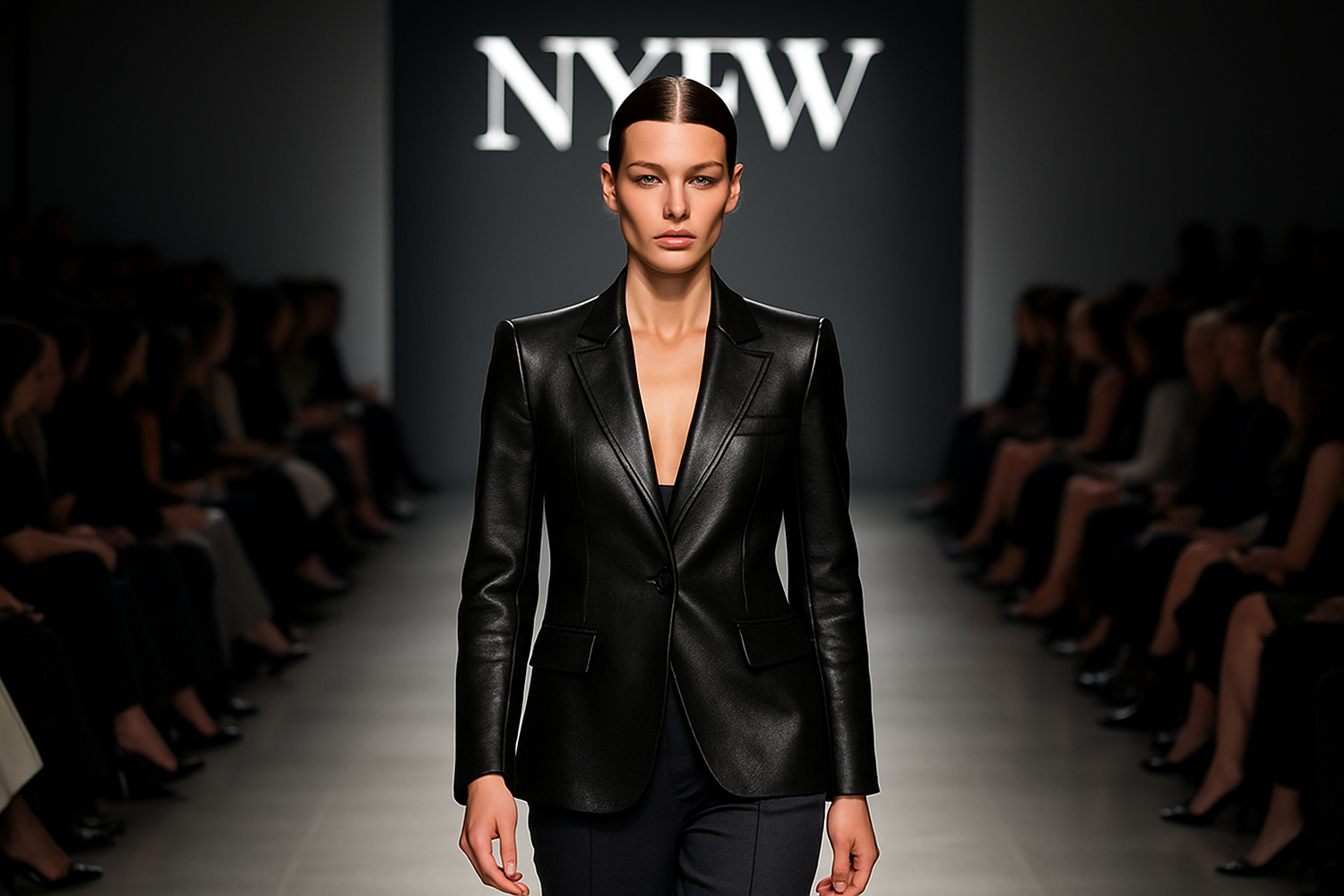 Model walking in New York Fashion Week wearing a tailored leather blazer with sleek trousers