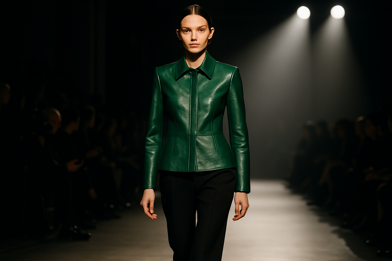 Model walking Milan runway in a tailored emerald green leather jacket with sleek trousers