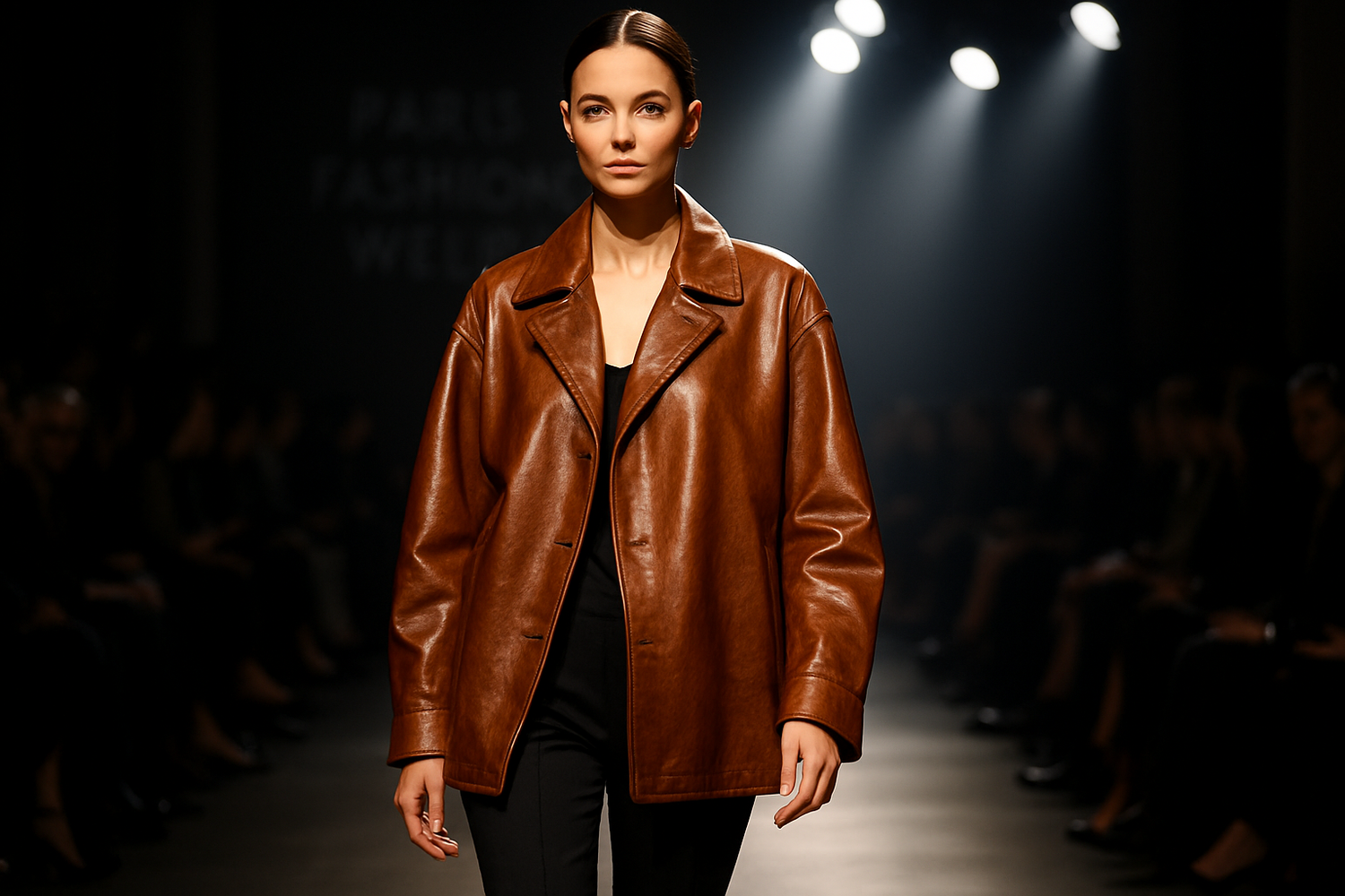 Model wearing an oversized leather jacket on the Paris Fashion Week runway paired with chic tailored pants