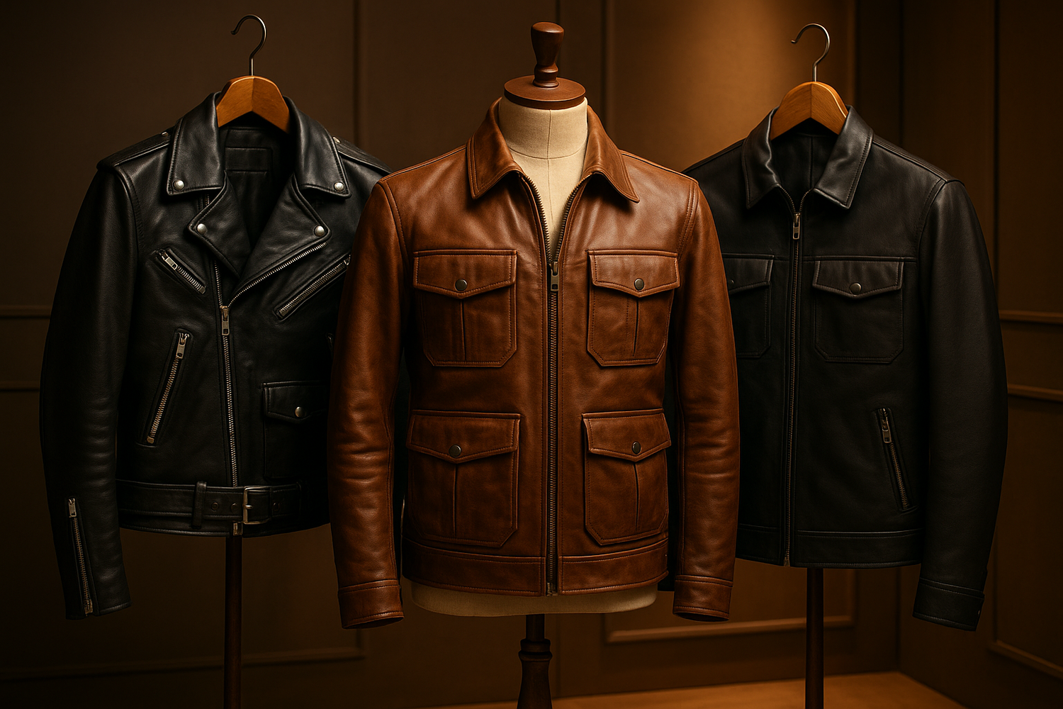 Woman styling a multi-pocket leather jacket with casual outfit. Brown leather jacket with multiple pockets for practical use.