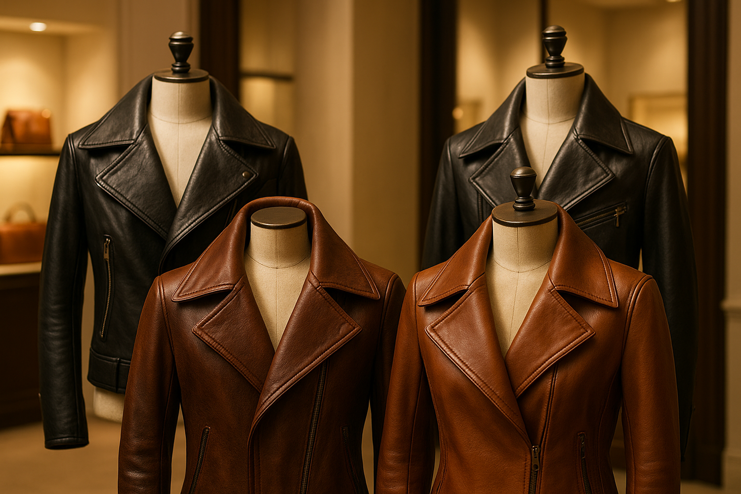 Black leather jacket with an oversized shearling collar styled on a mannequin.