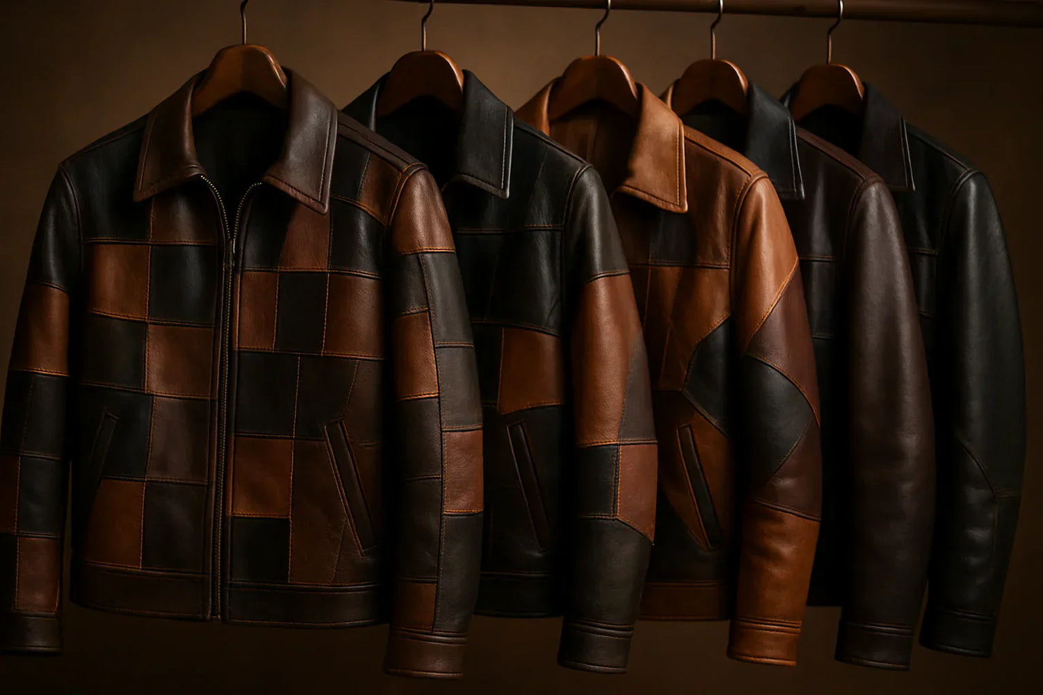 Fashionable patchwork leather jacket with multicolor panels styled in a streetwear outfit.