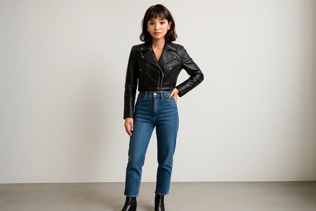 Petite woman wearing a cropped black leather jacket with high-waist jeans and ankle boots.