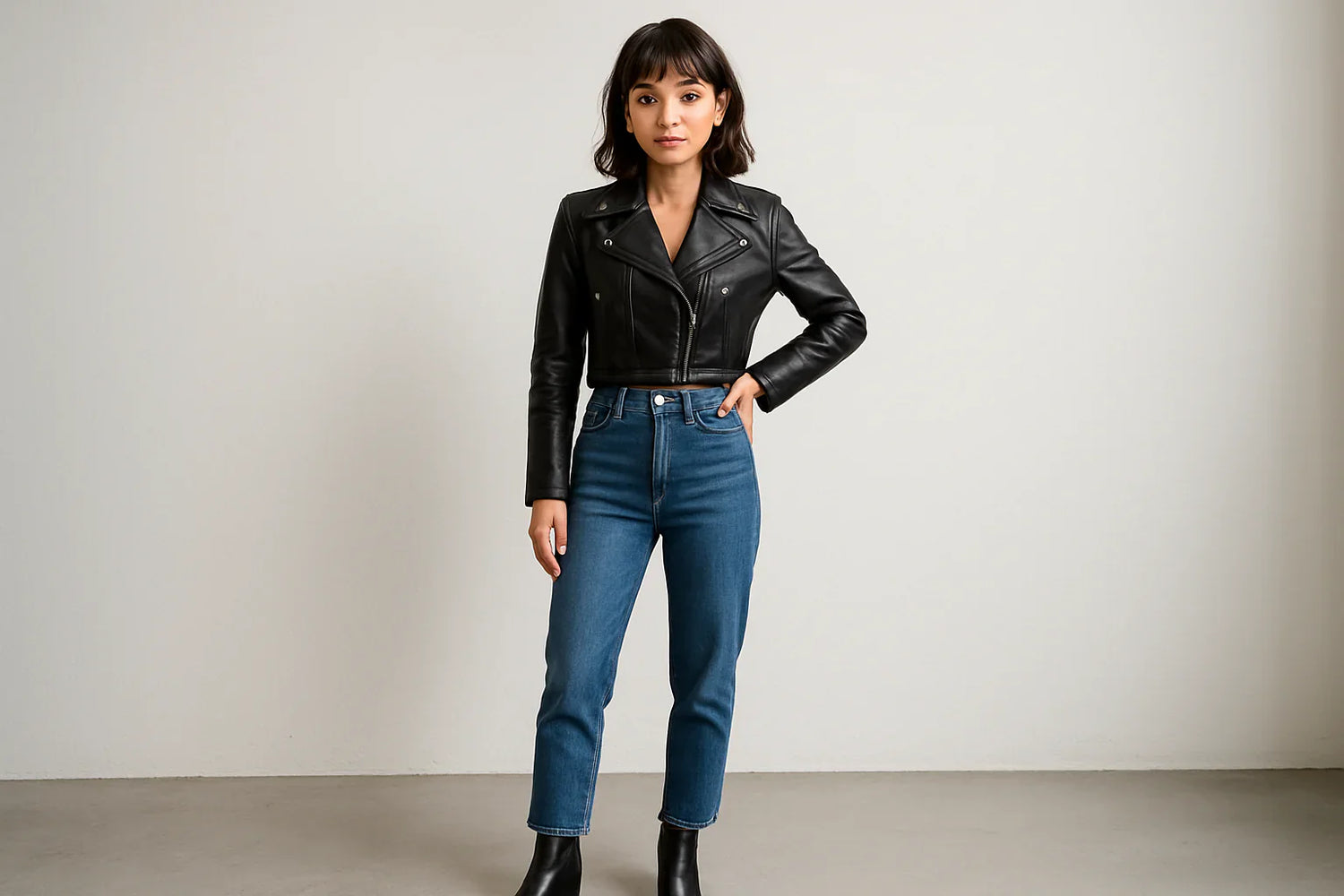 Petite woman wearing a cropped black leather jacket with high-waist jeans and ankle boots.