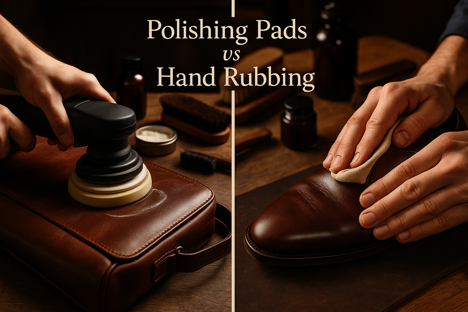 Side-by-side view of a leather jacket being polished with a pad on one side and hand-rubbed with a cloth on the other.