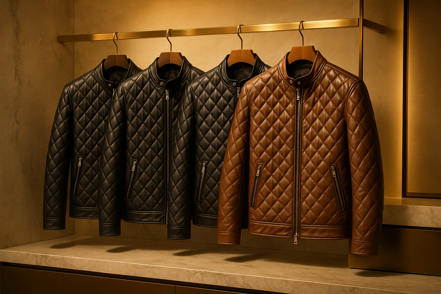 Elegant quilted leather jacket in black, styled with modern accessories, showcasing luxury and texture.