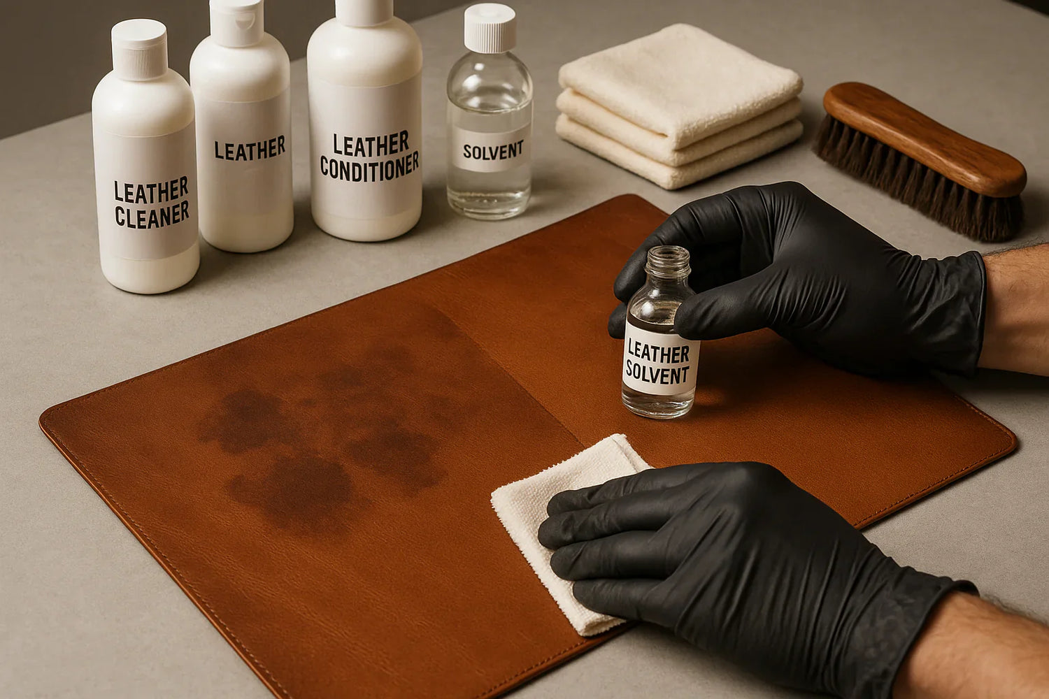 Professional cleaner applying solvent to remove a stubborn stain from a leather jacket.