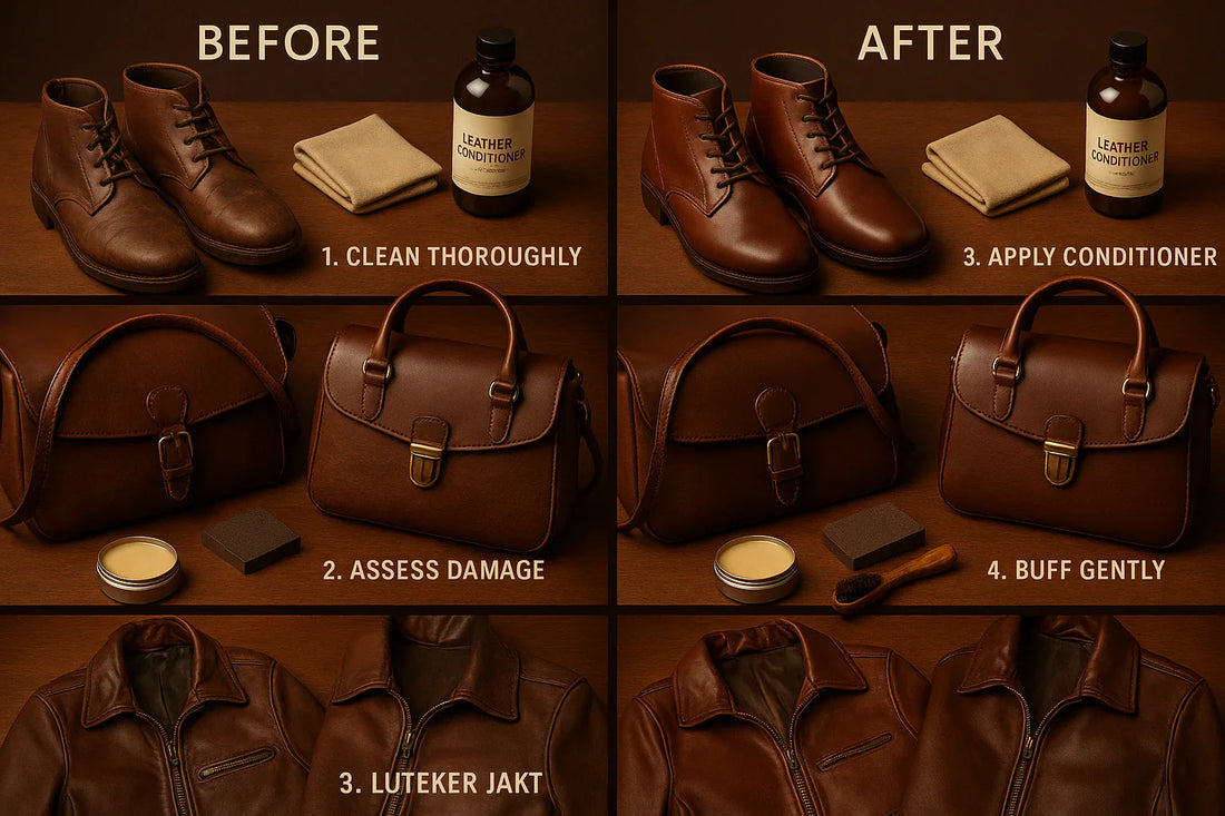 Close-up of hands applying leather repair cream to fix scratches and scuffs on a cleaned leather jacket.