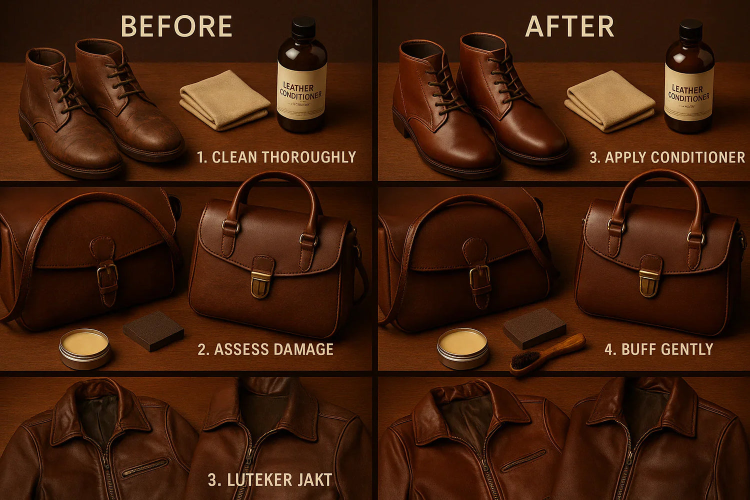 Close-up of hands applying leather repair cream to fix scratches and scuffs on a cleaned leather jacket.