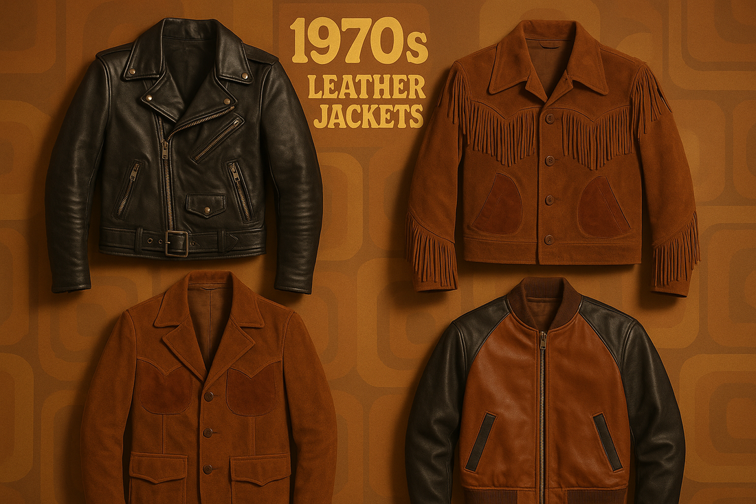 Oversized collar leather jacket inspired by 1970s style. Vintage leather jacket with bell-bottom jeans.