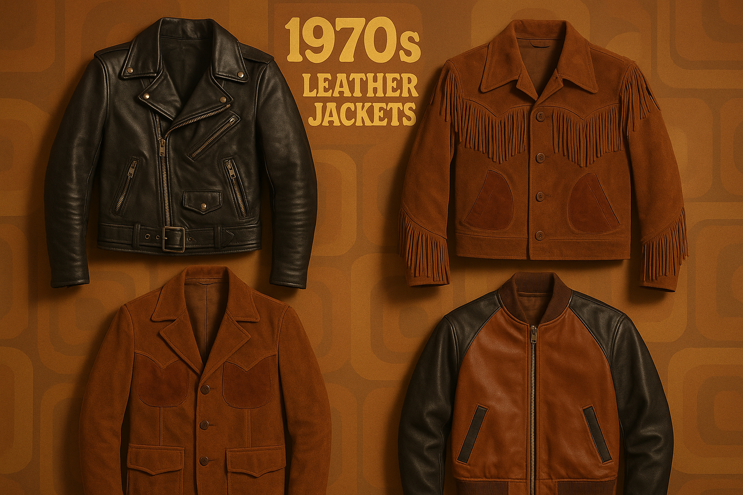 Oversized collar leather jacket inspired by 1970s style. Vintage leather jacket with bell-bottom jeans.