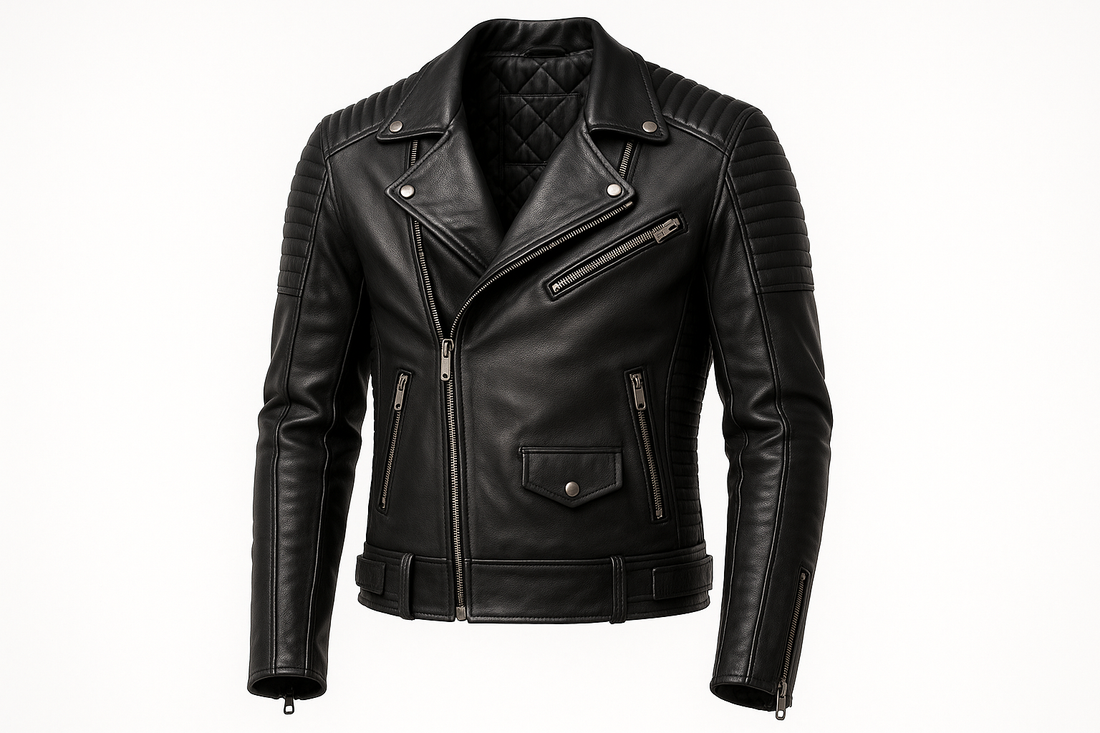 Black ribbed panel leather jacket with ribbed sleeves and shoulders, styled for bikers and casual wear.