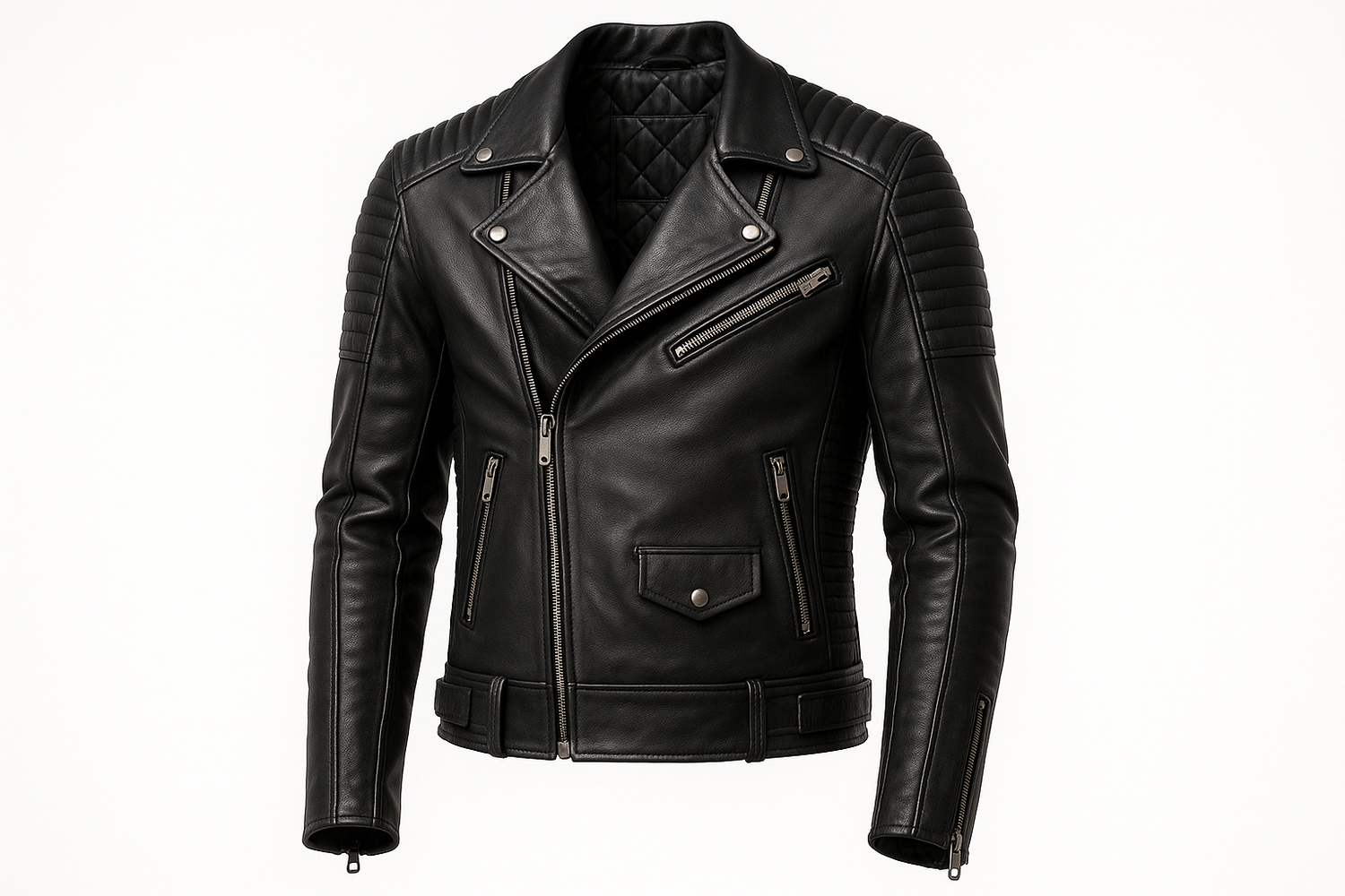 Black ribbed panel leather jacket with ribbed sleeves and shoulders, styled for bikers and casual wear.