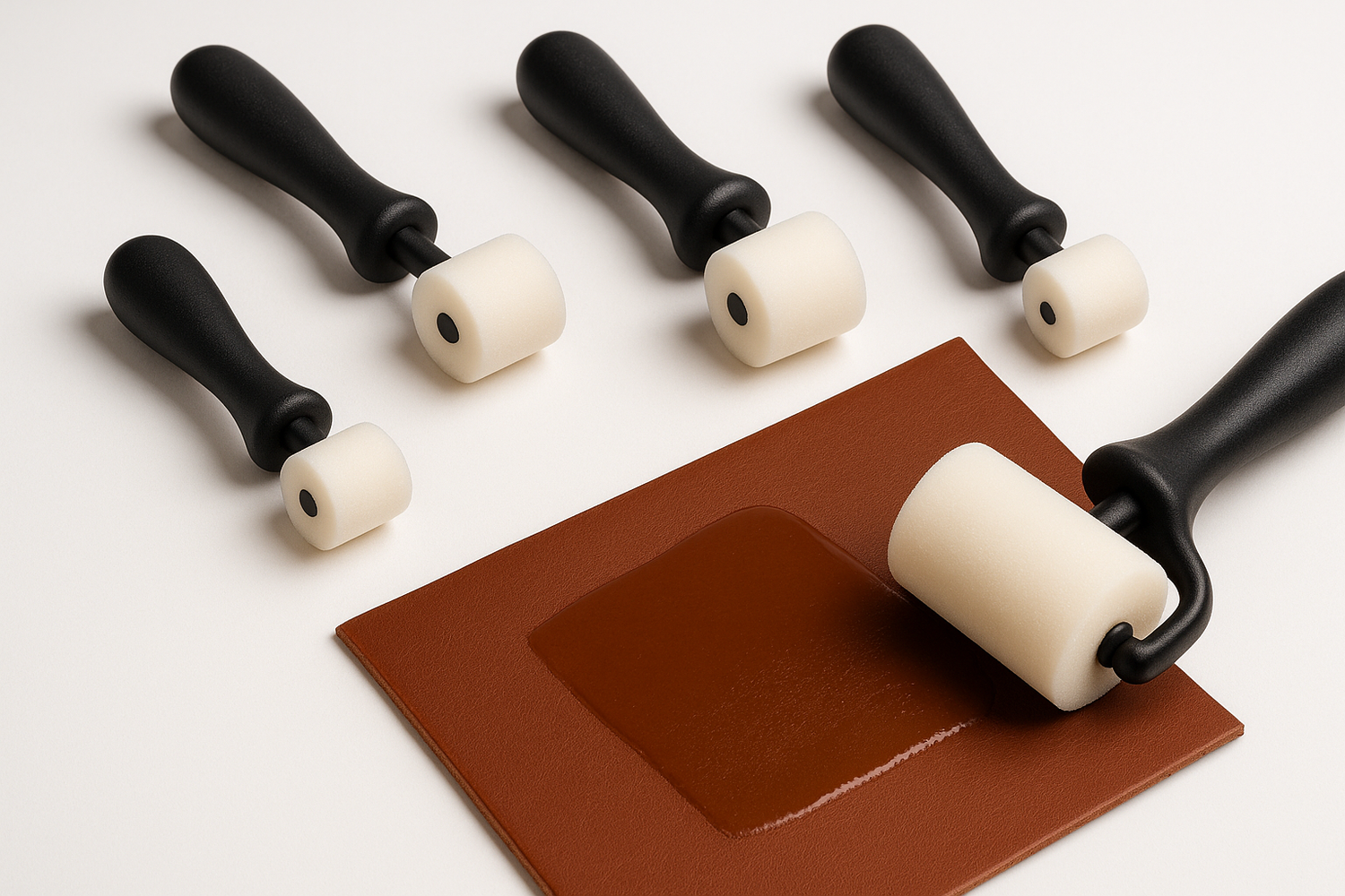 Close-up of a person using a roller sponge to evenly apply conditioner on a black leather jacket  