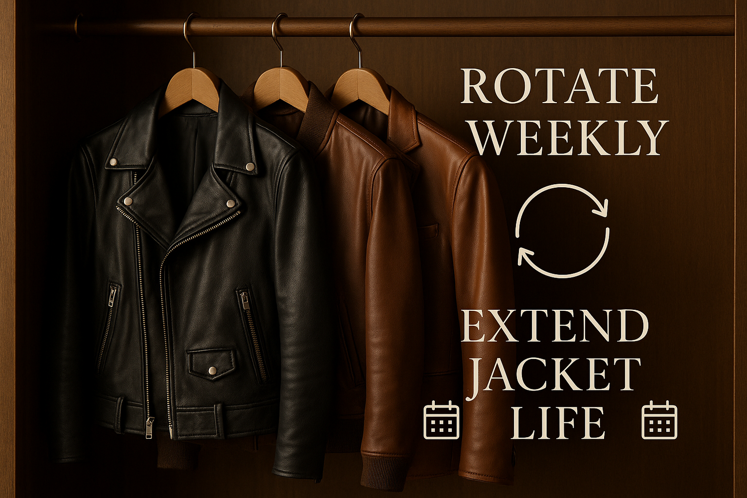 “Closet with multiple jackets hung neatly on wide hangers, showcasing rotation to reduce wear damage.