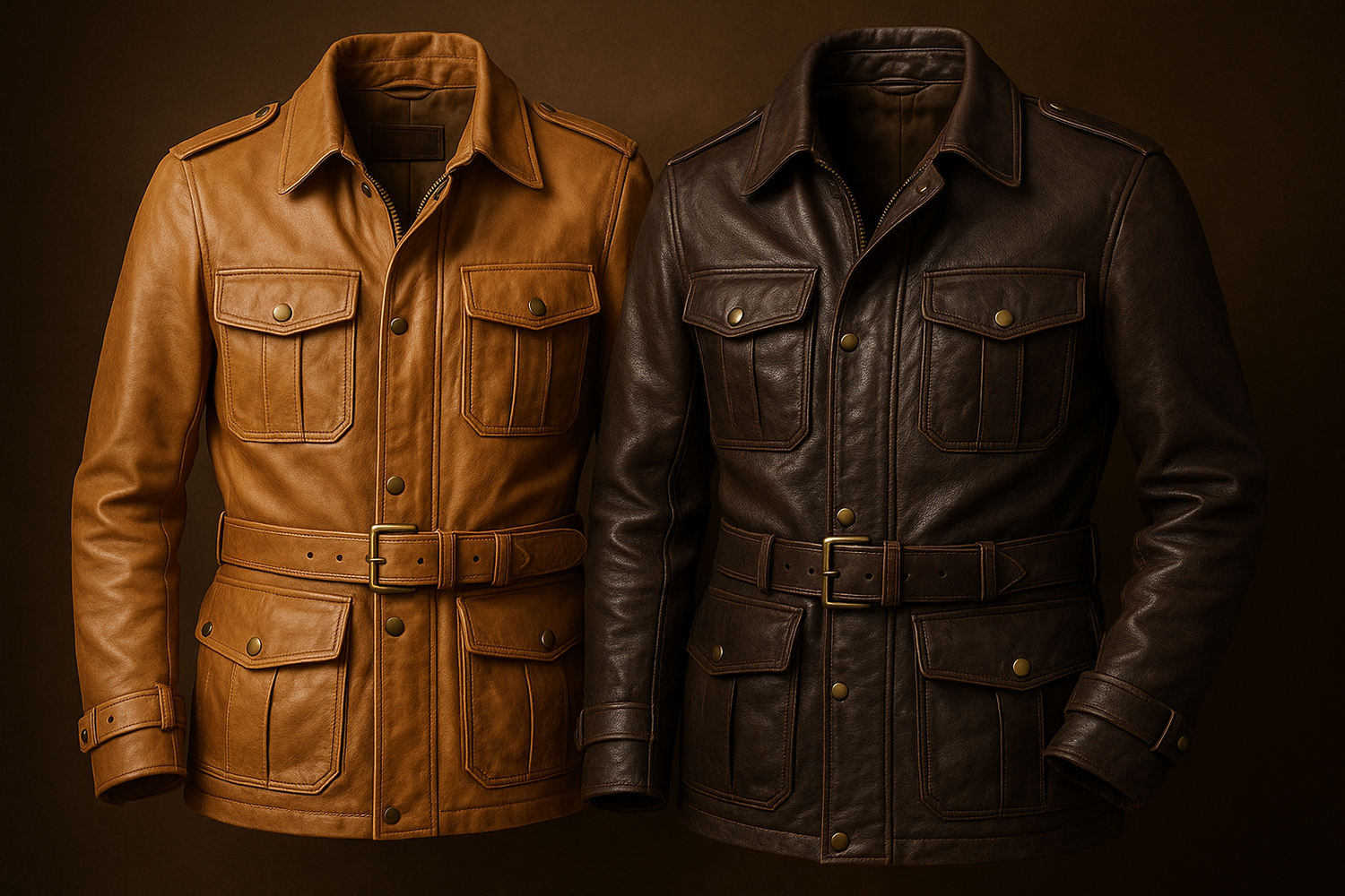 Tan safari-style leather jacket with four front pockets and a belted waist displayed on a mannequin.