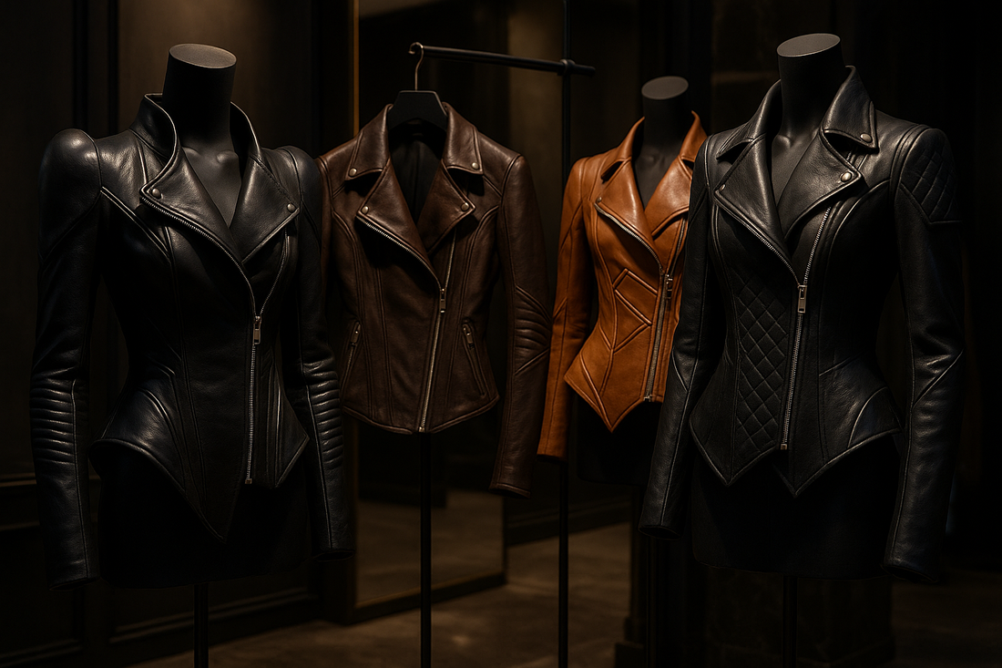 A sculpted leather jacket with bold shoulders and a cinched waist, blending high-fashion with edgy design.