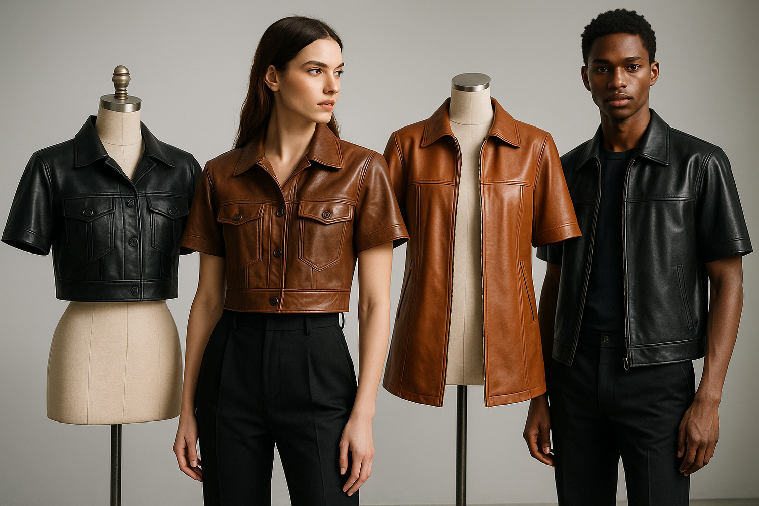 A trendy short-sleeved black leather jacket styled with jeans and sneakers for a modern streetwear look.