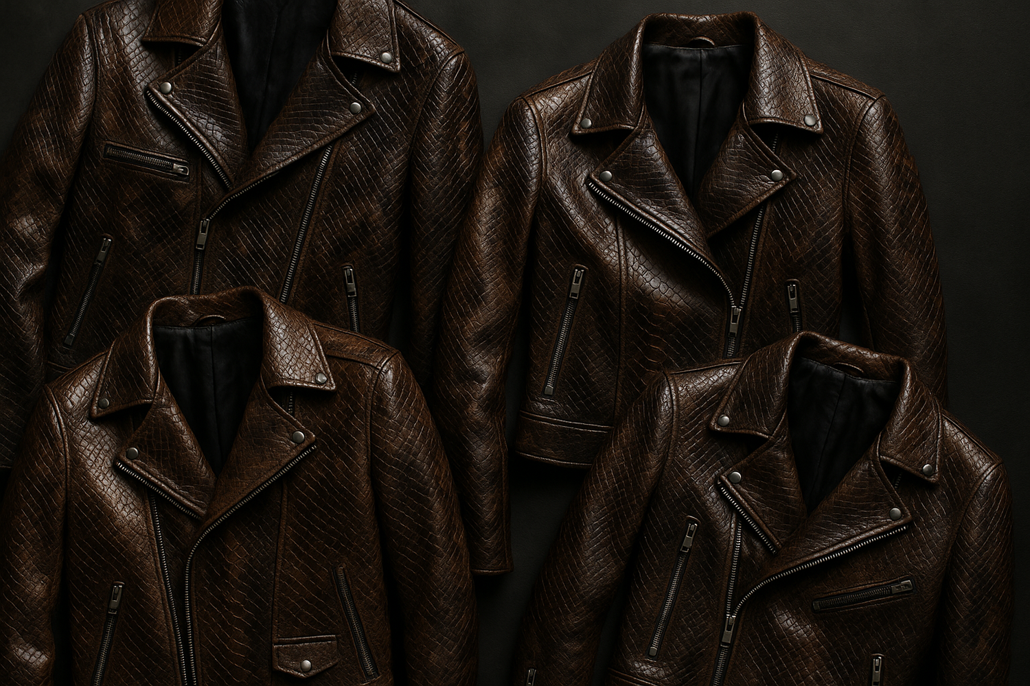 A snake-skin pattern leather jacket styled with edgy streetwear for a bold and exotic fashion statement.