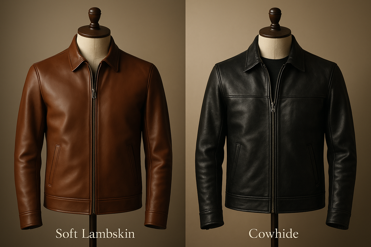 Side-by-side comparison of a sleek lambskin leather jacket and a rugged cowhide leather jacket.