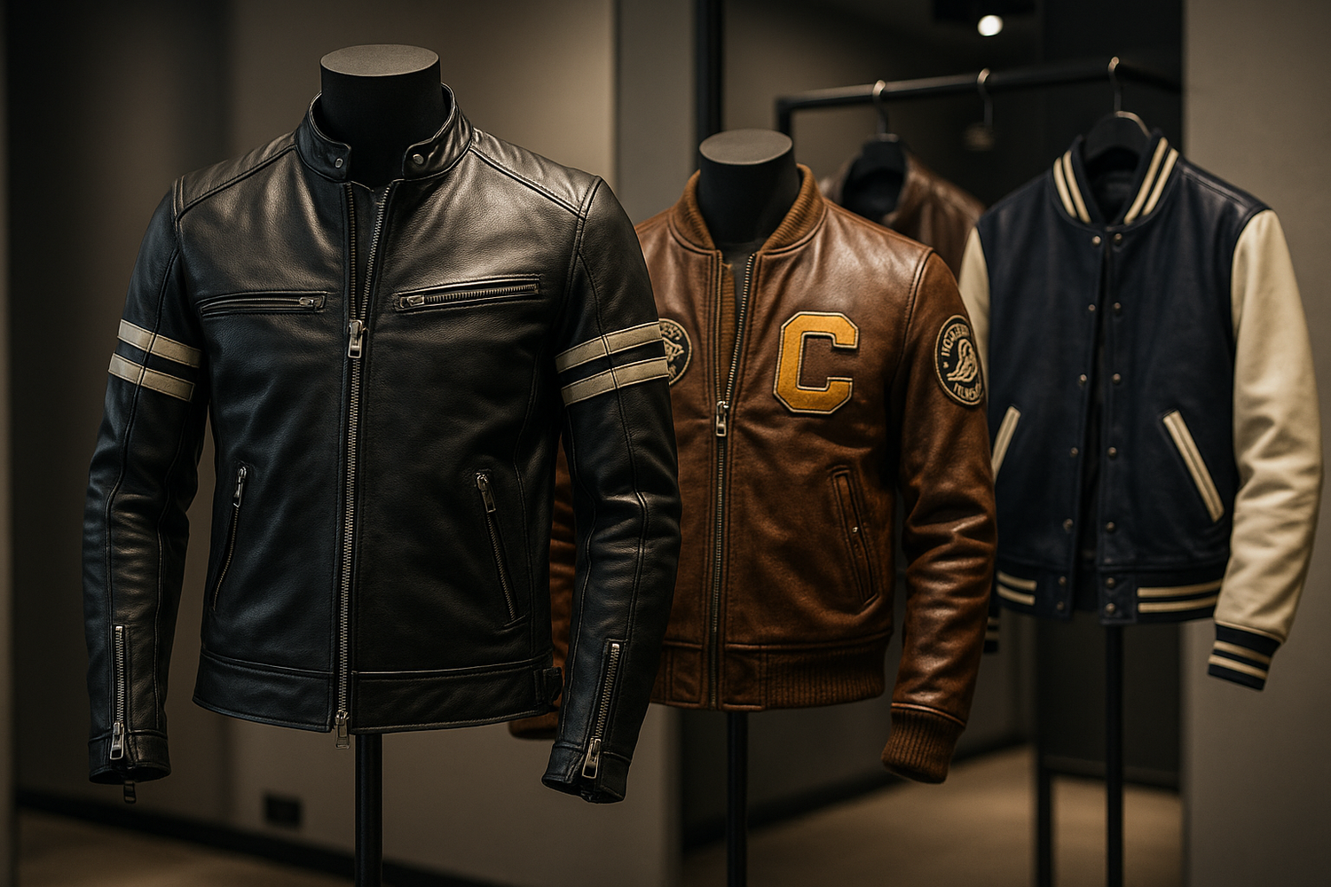 Sport-inspired leather jacket paired with joggers and sneakers. Athletic-style leather jacket with striped cuffs and casual outfit.