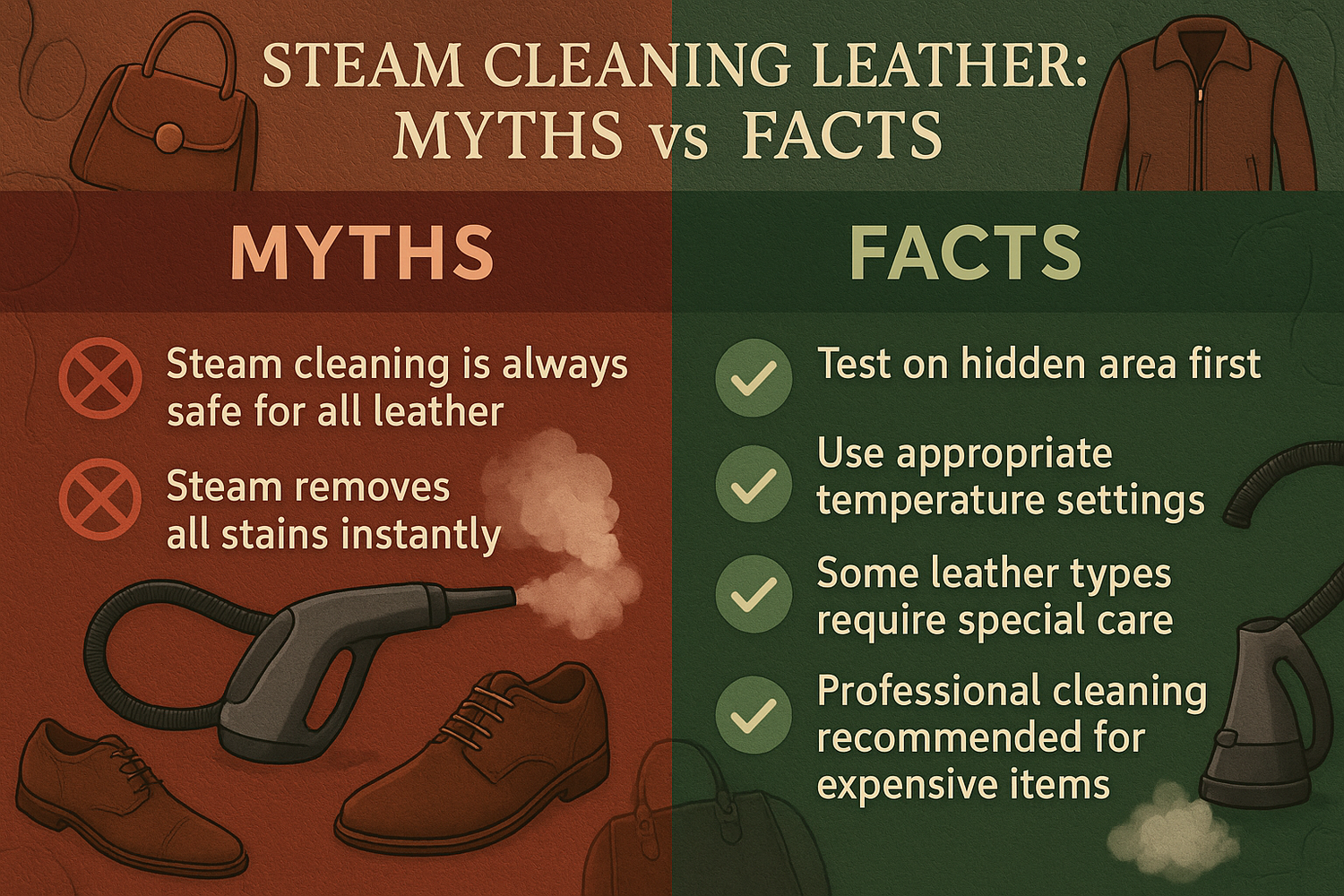 Person holding a handheld steamer near a leather jacket while maintaining safe distance to avoid damage.
