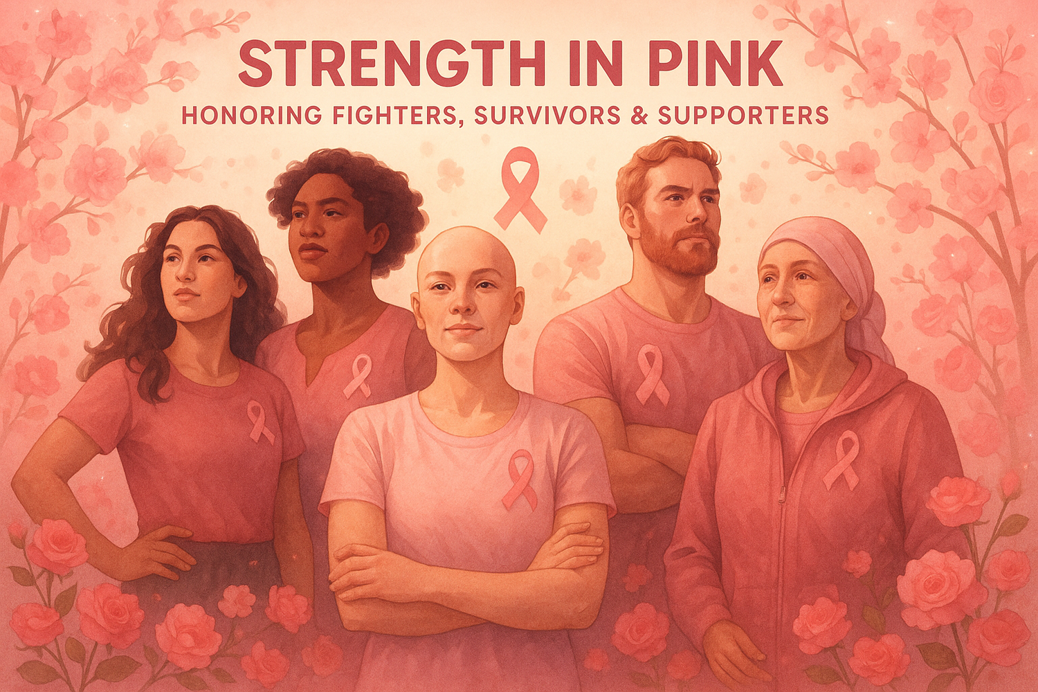 Breast cancer survivor smiling in pink ribbon shirt
