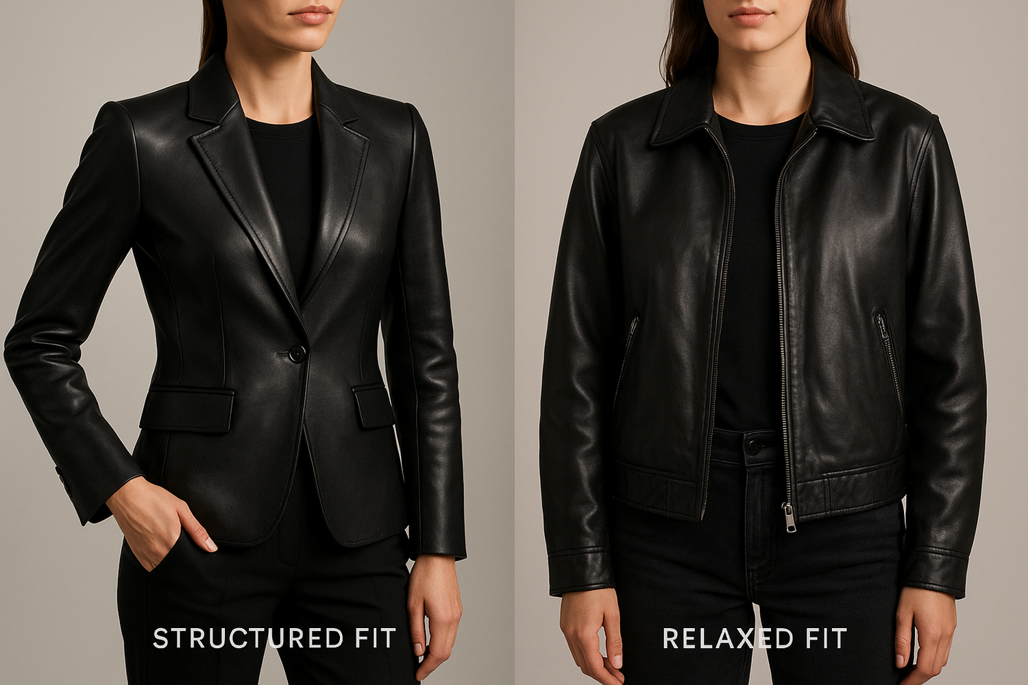 Side-by-side comparison of structured vs. relaxed leather jackets. Tailored leather jacket for formal outfit versus oversized casual fit.