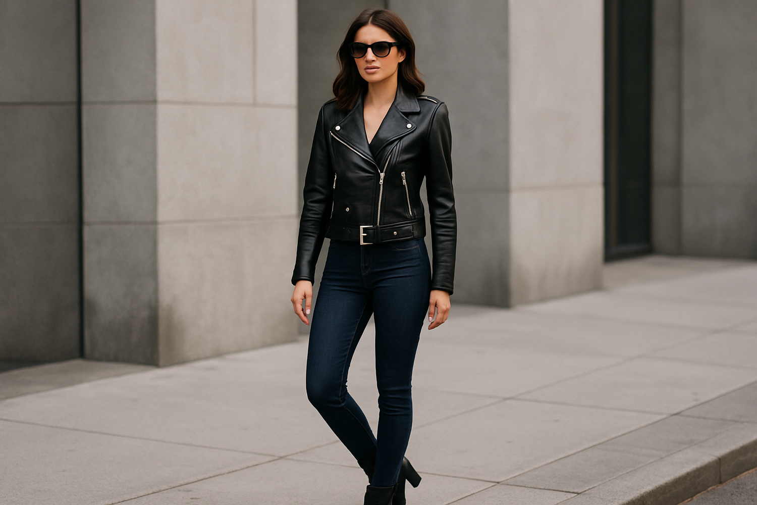 Stylish woman wearing a black leather moto jacket under $200 paired with jeans and ankle boots