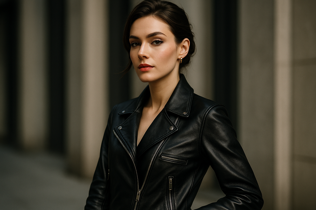 Stylish woman wearing a classic black leather jacket with timeless appeal