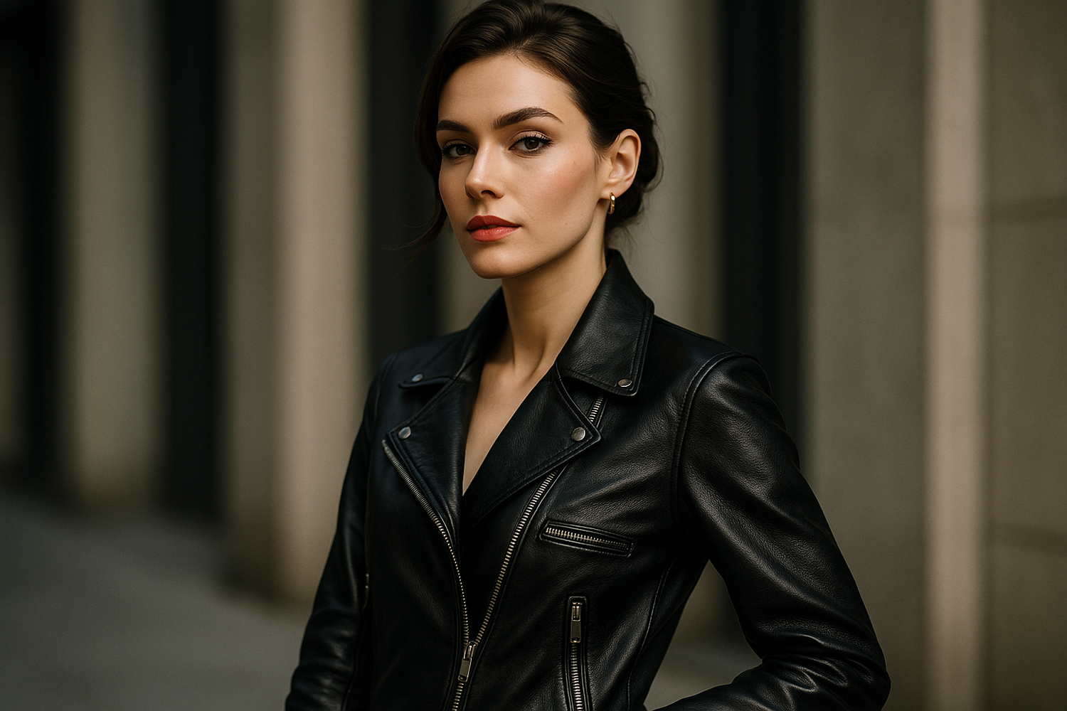 Stylish woman wearing a classic black leather jacket with timeless appeal