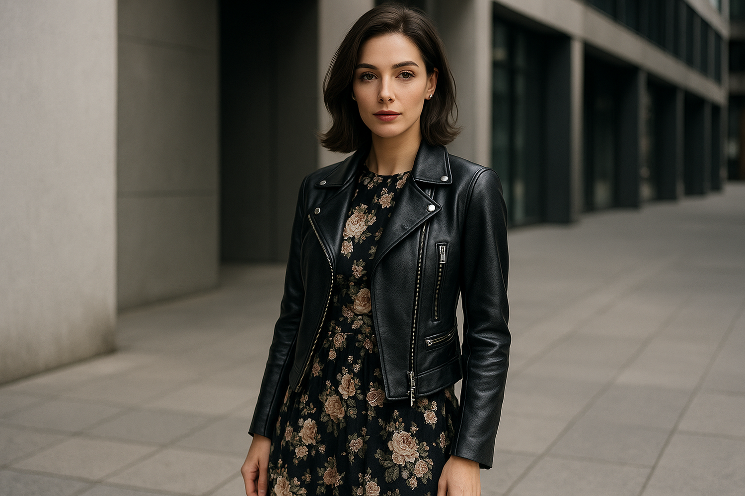 Stylish woman wearing a feminine leather jacket paired with a floral dress