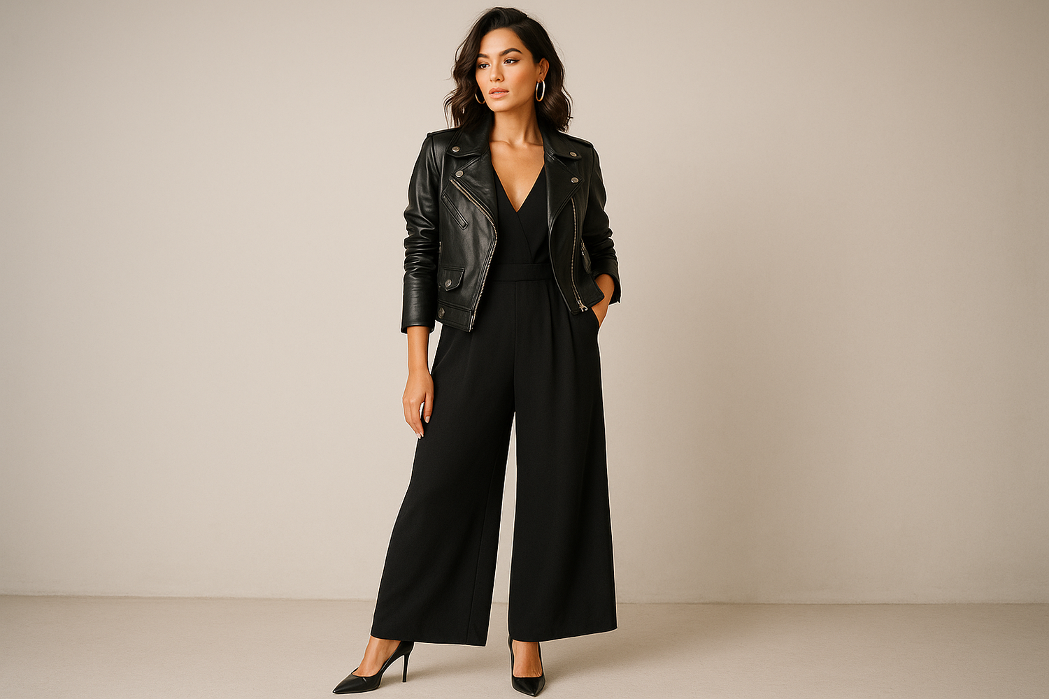 Stylish woman wearing a leather jacket over a wide-leg jumpsuit with heels
